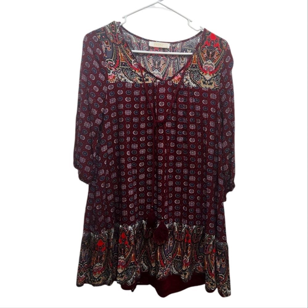 Entro By Anthropologie Boho Tiered Ruffle Mini Dress Size S Red Wine Mix Pattern